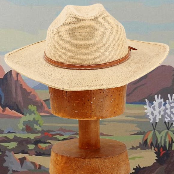 Vintage Accessories - Vintage 50s 60s Low Crown Cowboy Hat Straw Leather Band Curled Brim Unisex